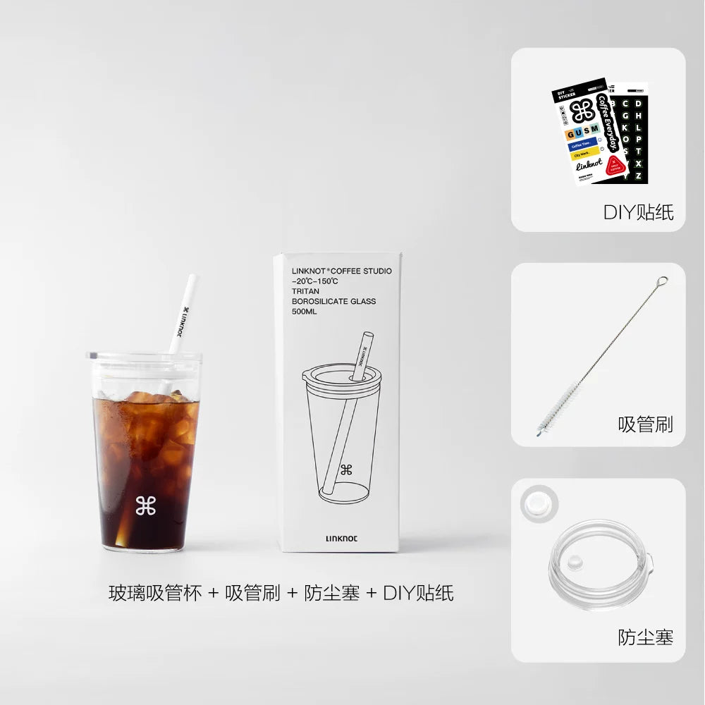 Knotted glass straw cup, high temperature resistant coffee cup with lid, high borosilicate high-looking transparent drinking cup for girls